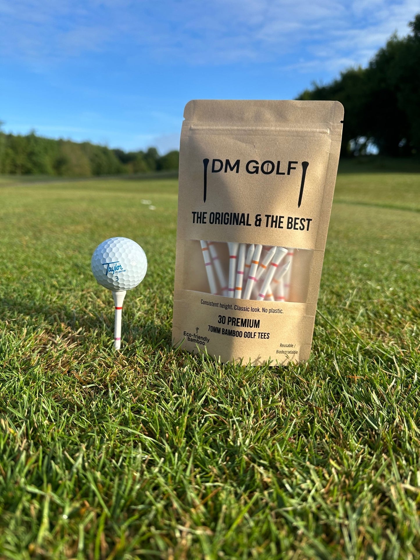 The O G - Not A Castle Tee Premium 70mm Bamboo Golf Tee With Orange, Pink & Red Castle Height Indicators - 30 Pack - DM Golf