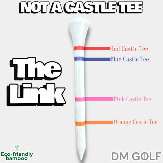 The Link - Not A Castle Tee - Premium 70mm Bamboo Golf Tee With Orange, Pink, Blue & Red Castle Height Indicators - 30 Pack - DM Golf