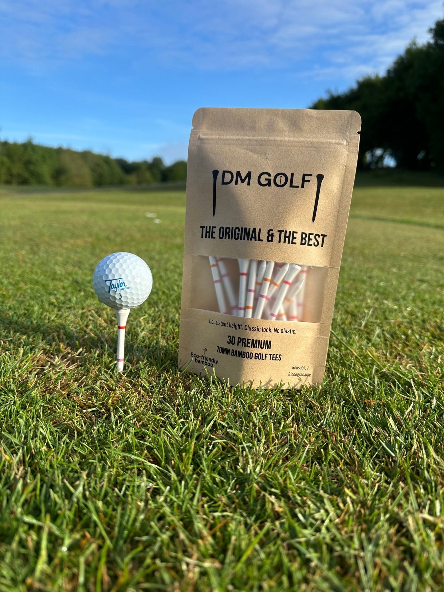 The O G - Not A Castle Tee Premium 70mm Bamboo Golf Tee With Orange, Pink & Red Castle Height Indicators - 30 Pack - DM Golf