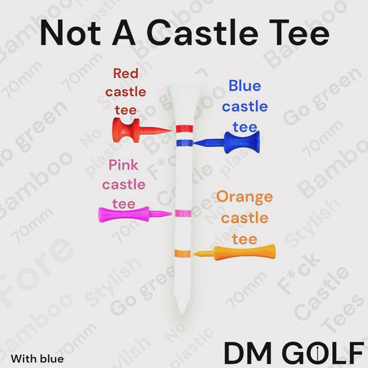 With Blue - Not A Castle - Tee Premium 70mm Bamboo Golf Tee With Orange, Pink, Blue & Red Castle Height Indicators - 30 Pack - DM Golf