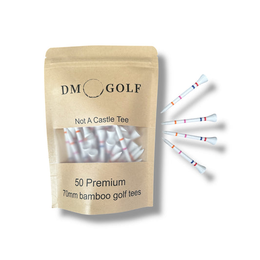 The Link - Not A Castle Tee - Premium 70mm Bamboo Golf Tee With Orange, Pink, Blue & Red Castle Height Indicators - 50 Pack - DM Golf
