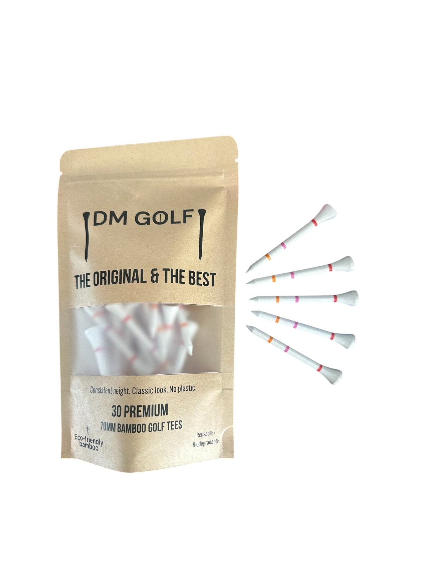 The O G - Not A Castle Tee Premium 70mm Bamboo Golf Tee With Orange, Pink & Red Castle Height Indicators - 30 Pack - DM Golf