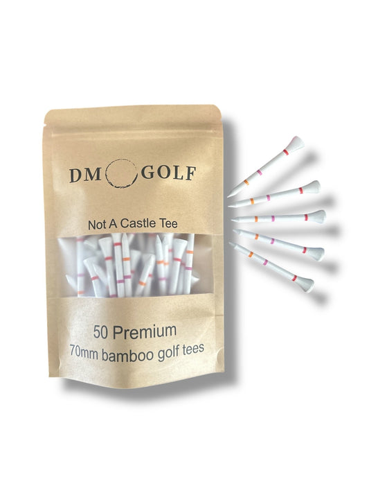 The O G - Not A Castle Tee Premium 70mm Bamboo Golf Tee With Orange, Pink & Red Castle Height Indicators - 50 Pack - DM Golf