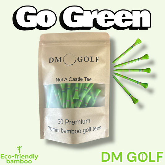 Go Green - Not A Castle Tee - Premium 70mm Bamboo Golf Tee With Orange, Pink, Blue & Red Castle Tee Height Indicators - 50 Pack - DM Golf