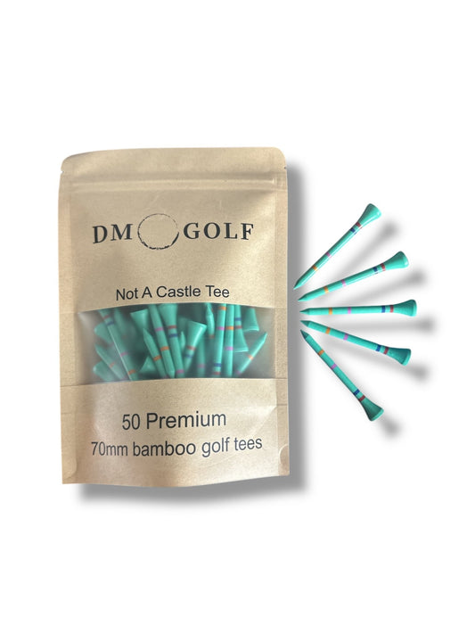 Ice Tee - Not A Castle Tee - Premium 70mm Bamboo Golf Tee With Orange, Pink, Blue & Red Castle Height Indicators - 50 Pack - DM Golf