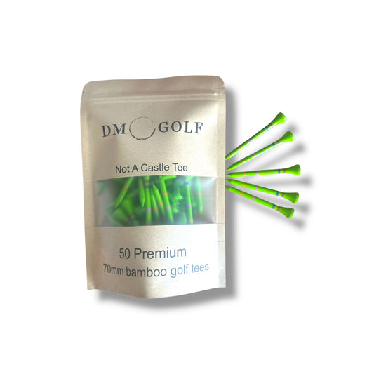 Go Green - Not A Castle Tee - Premium 70mm Bamboo Golf Tee With Orange, Pink, Blue & Red Castle Tee Height Indicators - 50 Pack - DM Golf