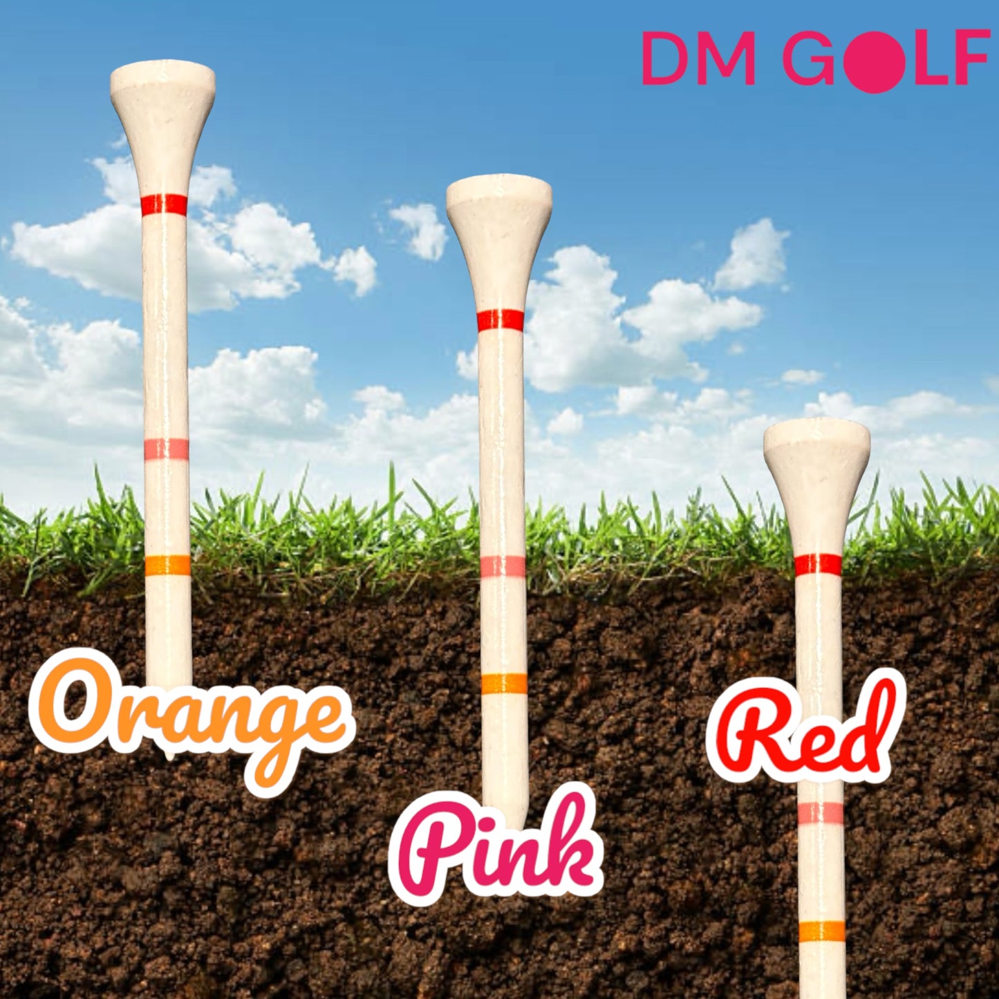 50x Not A Castle Tee Premium 70mm Bamboo Golf Tee With Orange, Pink & Red Castle Height Indicators - DM Golf
