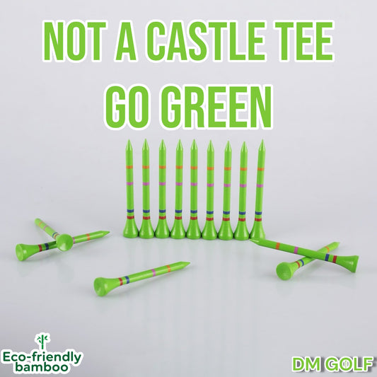 Go Green - Not A Castle Tee - Premium 70mm Bamboo Golf Tee With Orange, Pink, Blue & Red Castle Tee Height Indicators - 50 Pack - DM Golf