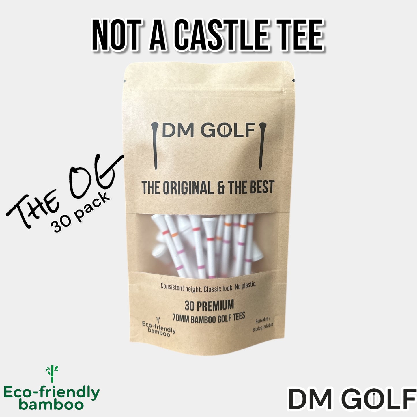 The O G - Not A Castle Tee Premium 70mm Bamboo Golf Tee With Orange, Pink & Red Castle Height Indicators - 30 Pack - DM Golf