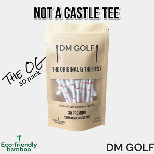 The O G - Not A Castle Tee Premium 70mm Bamboo Golf Tee With Orange, Pink & Red Castle Height Indicators - 30 Pack - DM Golf
