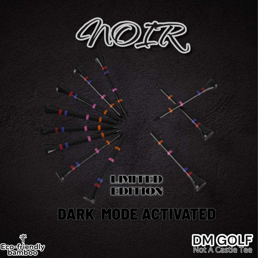 Noir - Not A Castle Tee - Premium 70mm Bamboo Golf Tee With Orange, Pink, Blue & Red Castle Height Indicators - 30 Pack - DM Golf