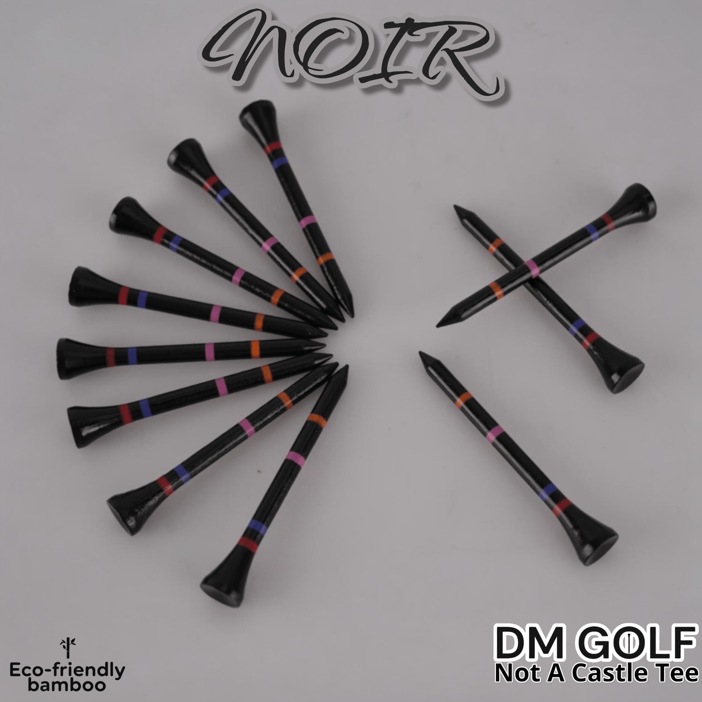 Noir - Not A Castle Tee - Premium 70mm Bamboo Golf Tee With Orange, Pink, Blue & Red Castle Height Indicators - 30 Pack - DM Golf