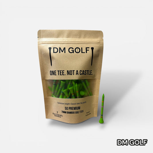 Go Green - Not A Castle Tee - Premium 70mm Bamboo Golf Tee With Orange, Pink, Blue & Red Castle Tee Height Indicators - 50 Pack - DM Golf