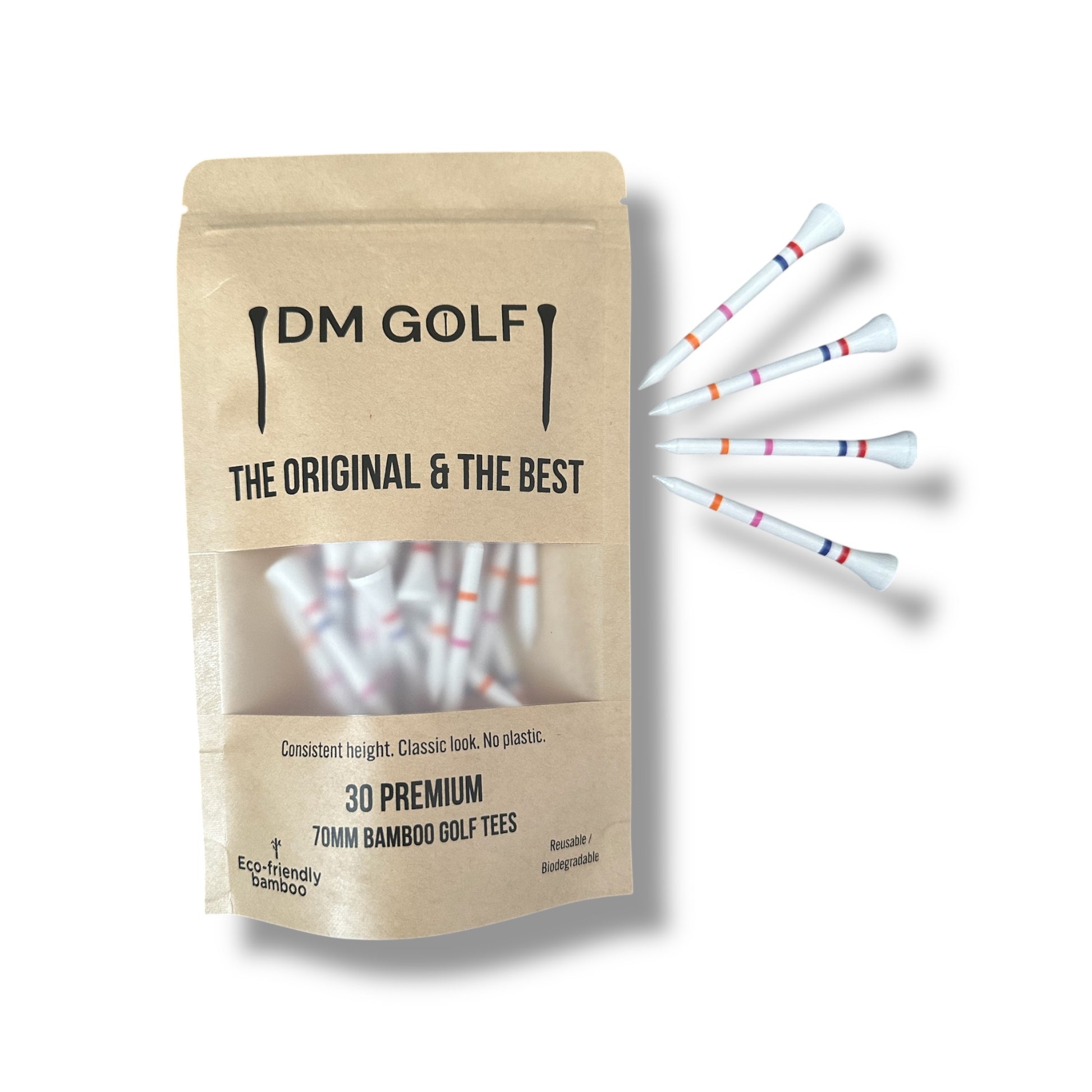 The Link - Not A Castle Tee - Premium 70mm Bamboo Golf Tee With Orange, Pink, Blue & Red Castle Height Indicators - 30 Pack - DM Golf