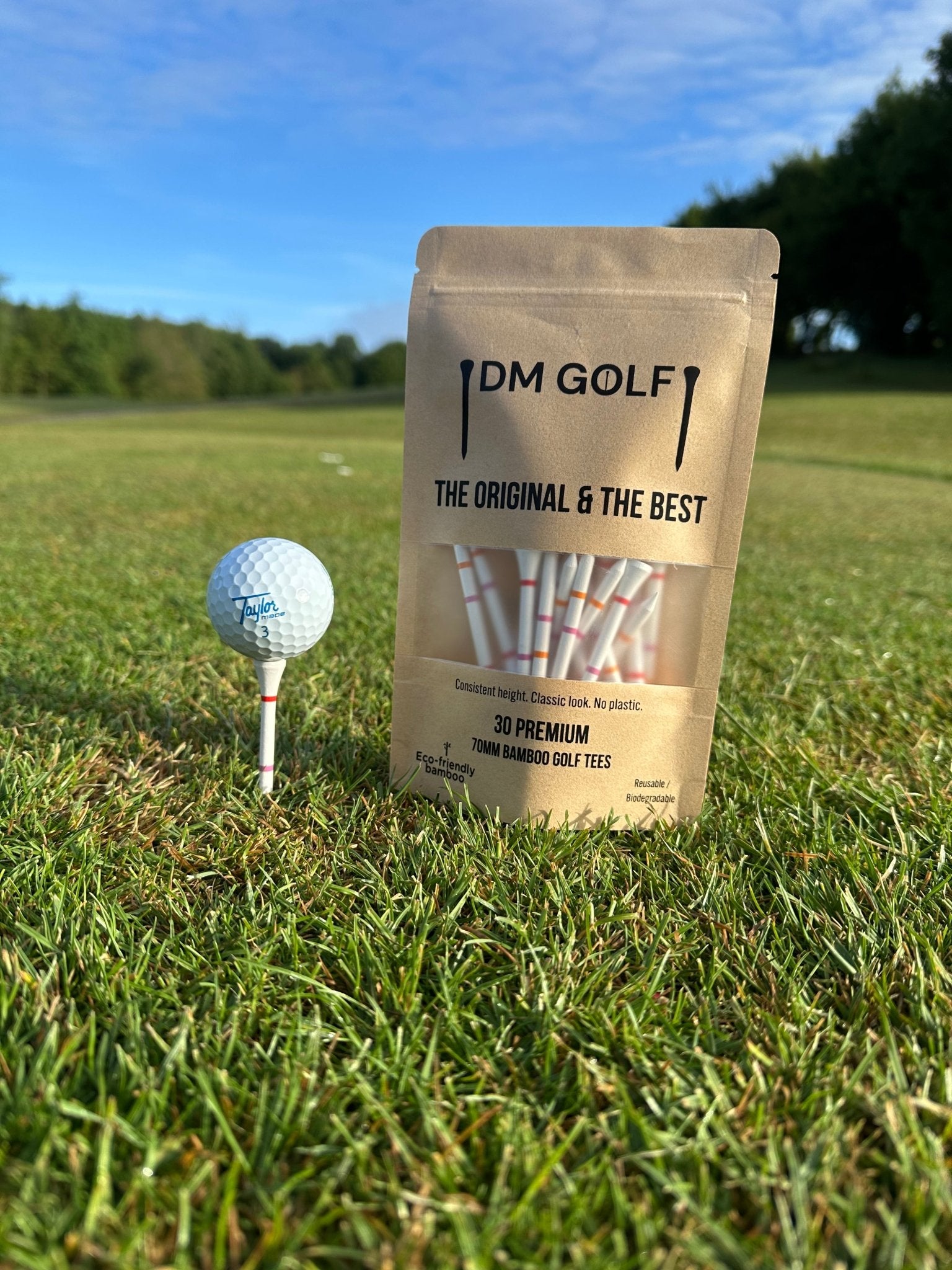 The O G - Not A Castle Tee Premium 70mm Bamboo Golf Tee With Orange, Pink & Red Castle Height Indicators - 30 Pack - DM Golf