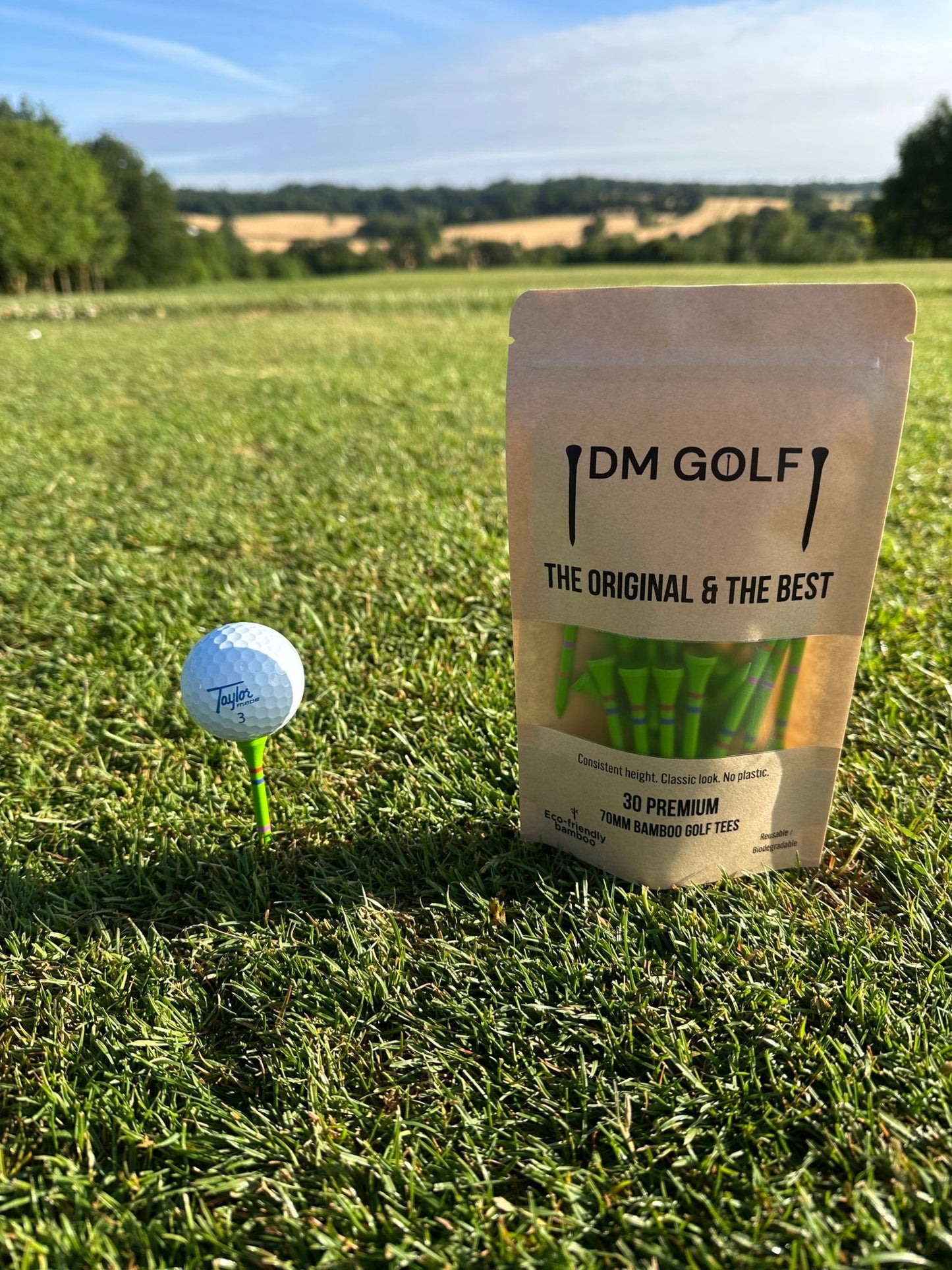 Green Edition - Not A Castle Tee - Premium 70mm Bamboo Golf Tee With Orange, Pink & Red Castle Height Indicators - 30 Pack - DM Golf