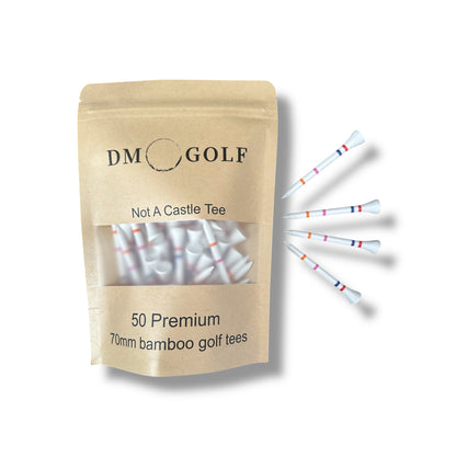 The Link - Not A Castle Tee - Premium 70mm Bamboo Golf Tee With Orange, Pink, Blue & Red Castle Height Indicators - 50 Pack - DM Golf