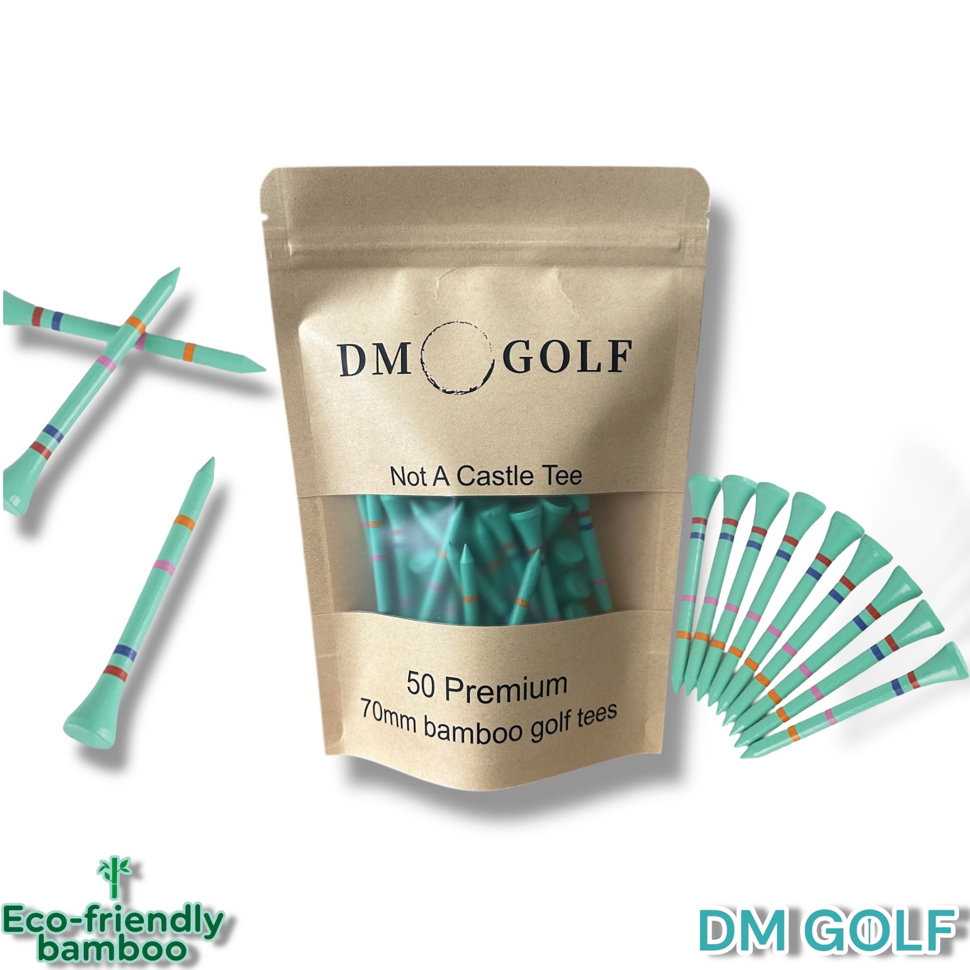 Ice Tee - Not A Castle Tee - Premium 70mm Bamboo Golf Tee With Orange, Pink, Blue & Red Castle Height Indicators - 50 Pack - DM Golf