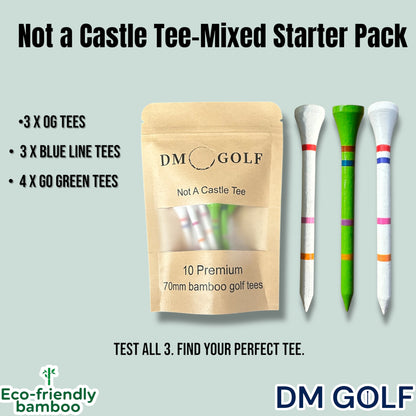 Not A Castle Tee - Mixed Sample Bag - 70mm Premium Bamboo Golf Tee With Orange, Pink, Blue & Red Castle Tee Height Indicators - 10 Pack - DM Golf