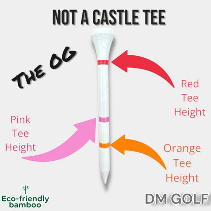 The O G - Not A Castle Tee Premium 70mm Bamboo Golf Tee With Orange, Pink & Red Castle Height Indicators - 50 Pack - DM Golf