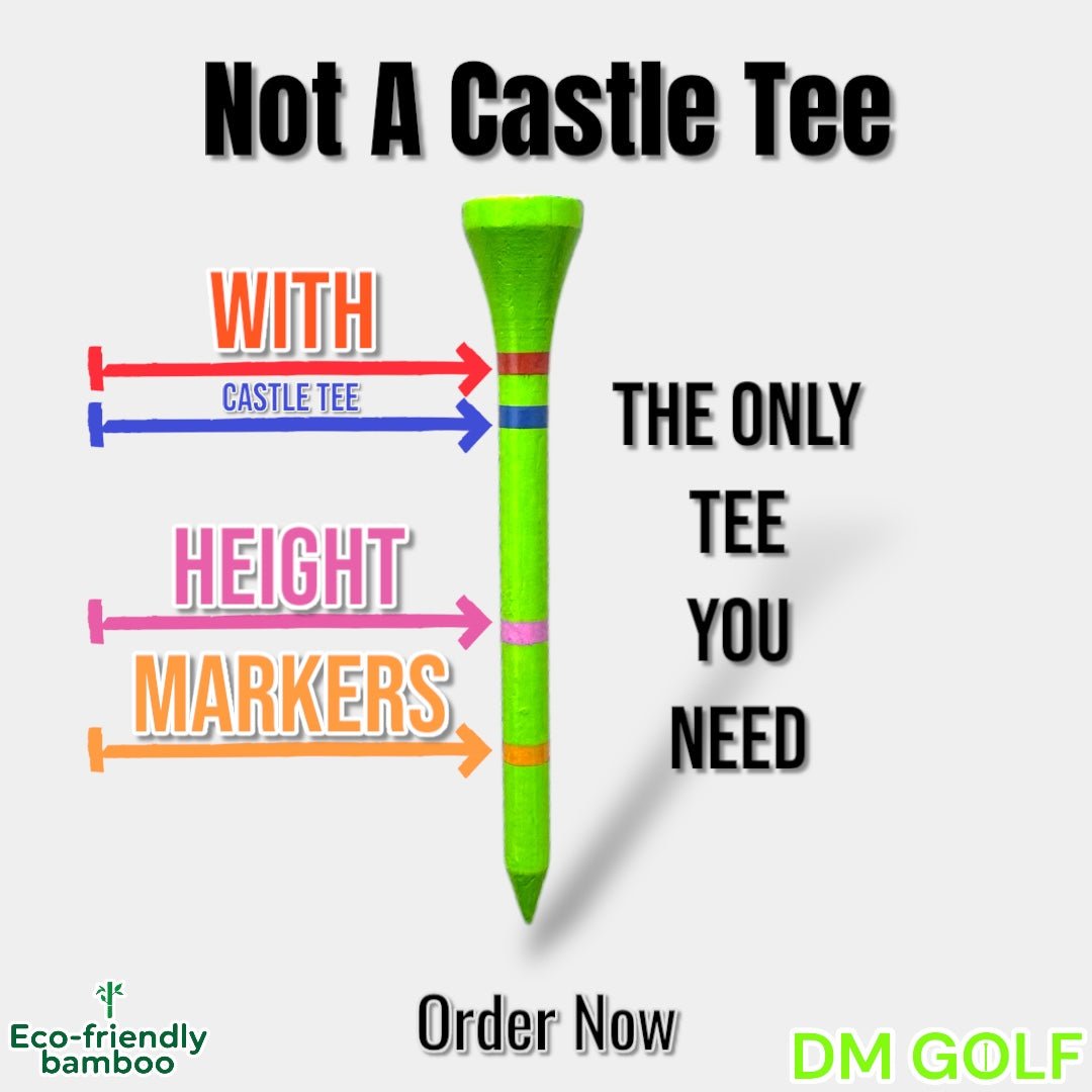 Go Green - Not A Castle Tee - Premium 70mm Bamboo Golf Tee With Orange, Pink, Blue & Red Castle Tee Height Indicators - 50 Pack - DM Golf