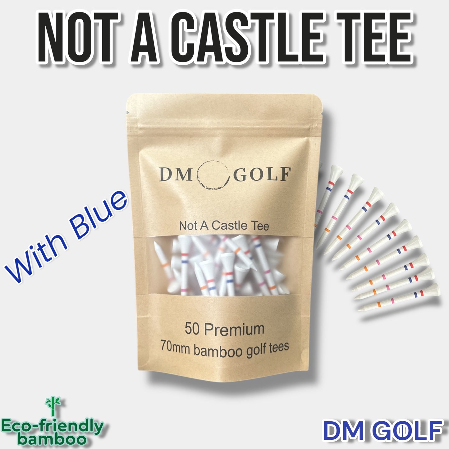 Blue Line - Not A Castle Tee - Premium 70mm Bamboo Golf Tee With Orange, Pink, Blue & Red Castle Height Indicators - 50 Pack - DM Golf