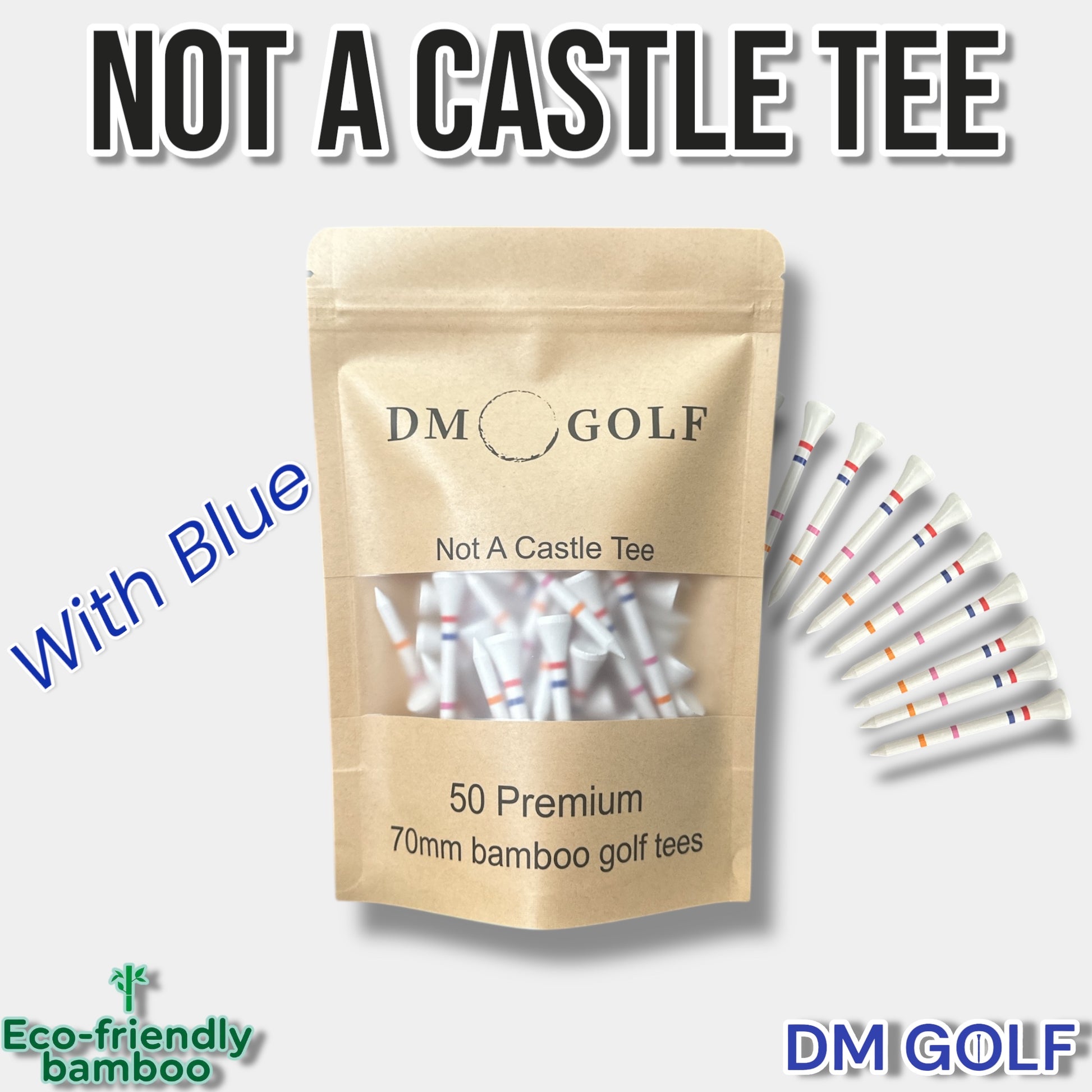 Blue Line - Not A Castle Tee - Premium 70mm Bamboo Golf Tee With Orange, Pink, Blue & Red Castle Height Indicators - 50 Pack - DM Golf