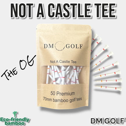 The O G - Not A Castle Tee Premium 70mm Bamboo Golf Tee With Orange, Pink & Red Castle Height Indicators - 50 Pack - DM Golf