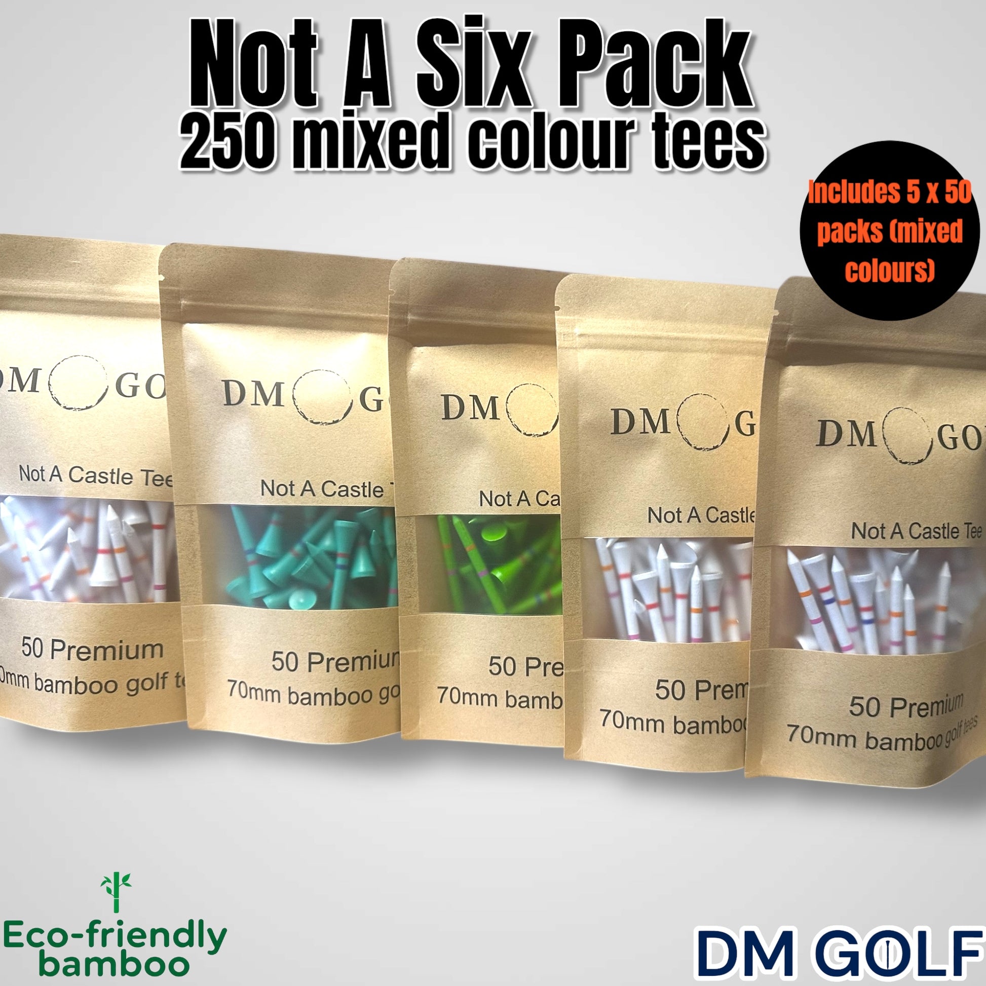 Not A Six Pack - Mixed Bundle - Not A Castle Tee - Premium 70mm Bamboo Golf Tee With Orange, Pink, Blue & Red Castle Height Indicators - 250 Tees - DM Golf
