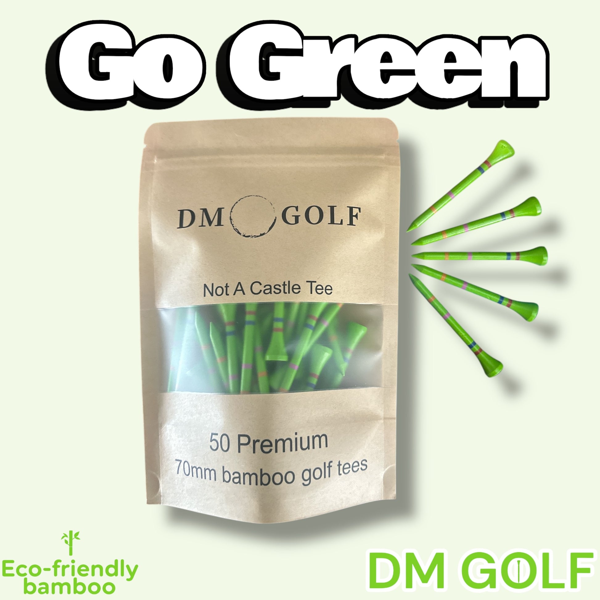 Go Green - Not A Castle Tee - Premium 70mm Bamboo Golf Tee With Orange, Pink, Blue & Red Castle Tee Height Indicators - 50 Pack - DM Golf