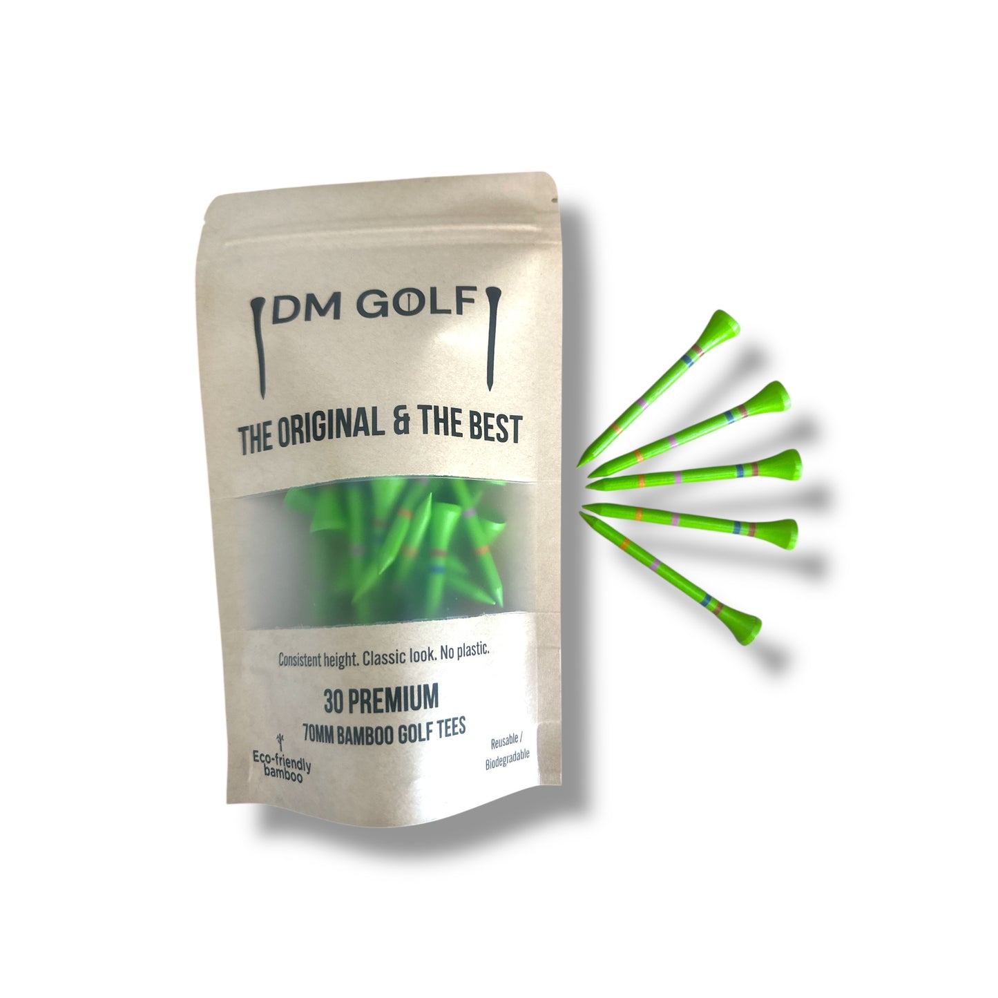 Go Green - Not A Castle Tee - Premium 70mm Bamboo Golf Tee With Orange, Pink & Red Castle Height Indicators - 30 Pack - DM Golf