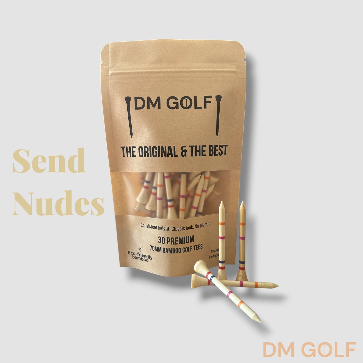 Send Nudes - Not A Castle Tee - Premium 70mm Bamboo Golf Tee With Orange, Pink, Blue & Red Castle Height Indicators - 30 pack - DM Golf