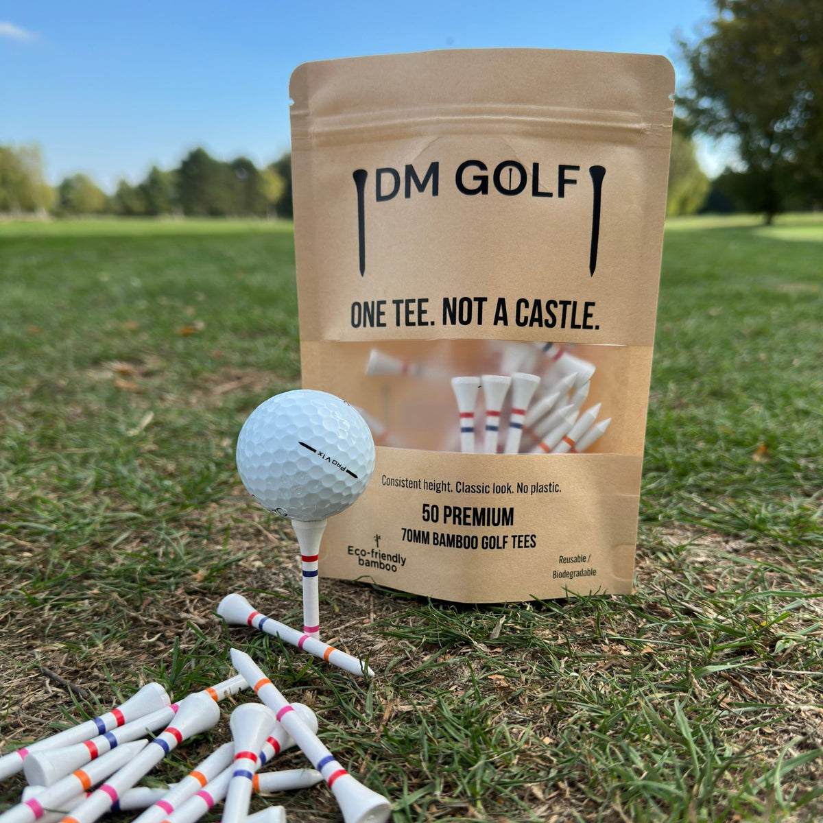 The Link pack and bamboo golf tees on the grass