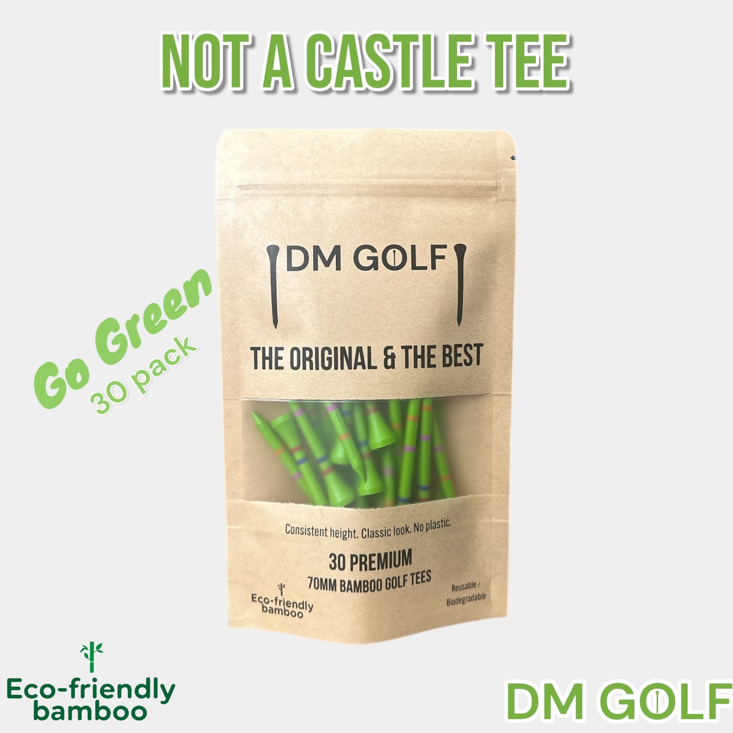 Green Edition - Not A Castle Tee - Premium 70mm Bamboo Golf Tee With Orange, Pink & Red Castle Height Indicators - 30 Pack - DM Golf