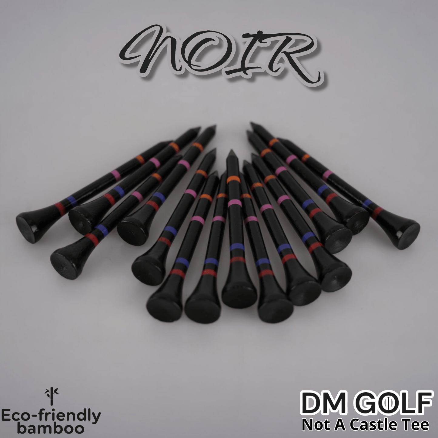 Noir - Not A Castle Tee - Premium 70mm Bamboo Golf Tee With Orange, Pink, Blue & Red Castle Height Indicators - 30 Pack - DM Golf