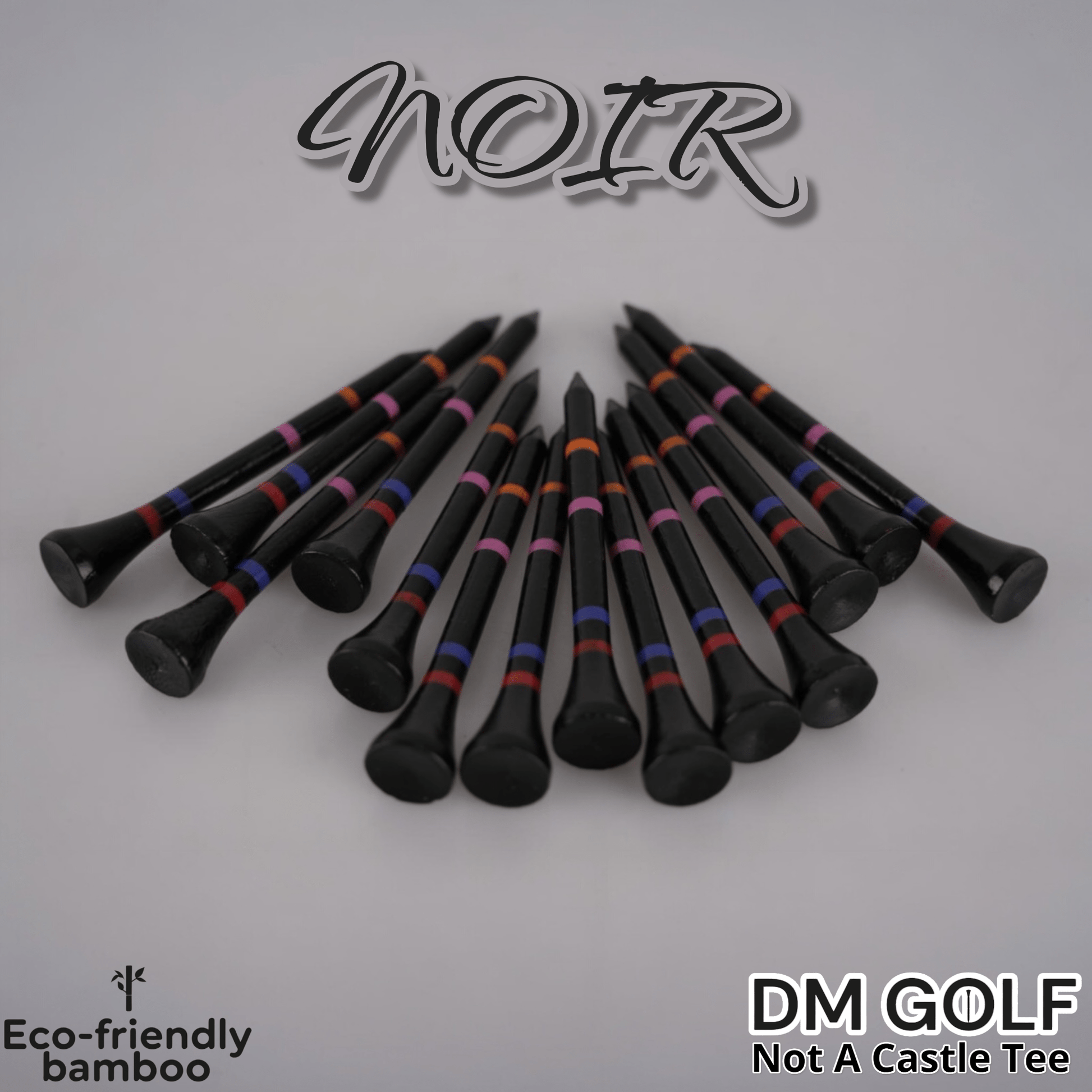 Noir - Not A Castle Tee - Premium 70mm Bamboo Golf Tee With Orange, Pink, Blue & Red Castle Height Indicators - 30 Pack - DM Golf