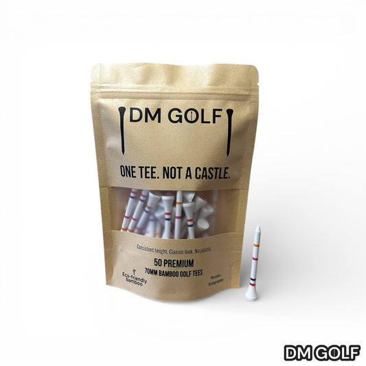 The Link - Not A Castle Tee - Premium 70mm Bamboo Golf Tee With Orange, Pink, Blue & Red Castle Height Indicators - 50 Pack - DM Golf