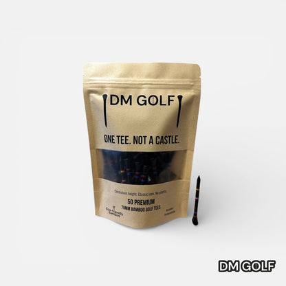 Noir - Not A Castle Tee - Premium 70mm Bamboo Golf Tee With Orange, Pink, Blue & Red Castle Height Indicators - 50 Pack - DM Golf