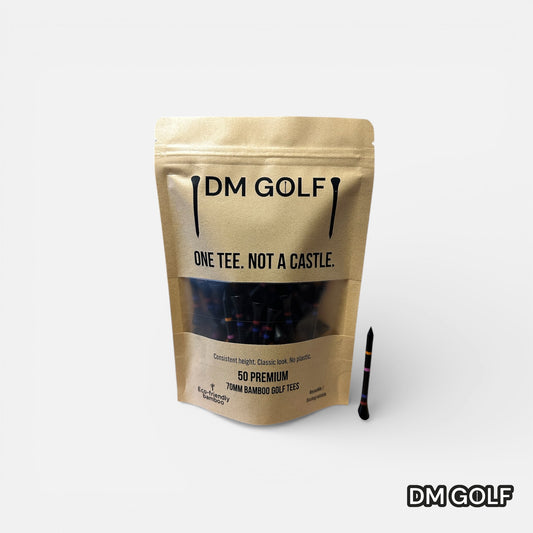 Noir - Not A Castle Tee - Premium 70mm Bamboo Golf Tee With Orange, Pink, Blue & Red Castle Height Indicators - 50 Pack - DM Golf