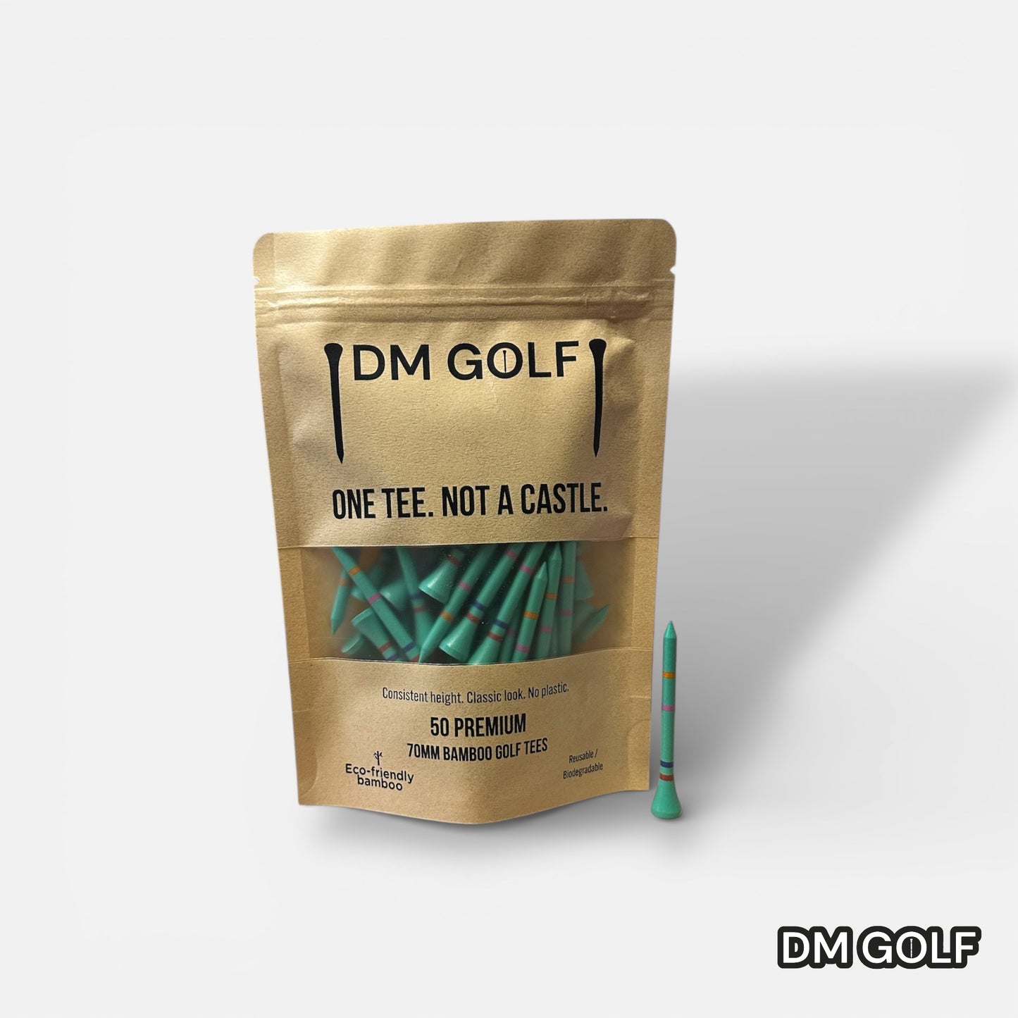 Ice Tee - Not A Castle Tee - Premium 70mm Bamboo Golf Tee With Orange, Pink, Blue & Red Castle Height Indicators - 50 Pack - DM Golf